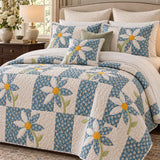 Blue Daisy Cottage Patchwork Quilted 3-Piece Bedding Set
