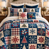 Navy Snowflake Pine Tree Plaid Patchwork Quilted 3-Piece Bedding Set