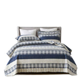 Blue Grey Buffalo Check Patchwork Quilted 3‑Piece Bedding Set