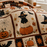 H.PAI Black Cat Halloween Pumpkin Quilted 3-Piece Bedding Set