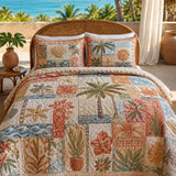 H.PAI Tropical Botanical Quilted 3-Piece Bedding Set – Luxury Quilted Bedding with Matching Pillow Shams