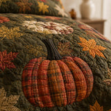 H.PAI Plaid Pumpkin Autumn Harvest Quilted 3-Piece Bedding Set