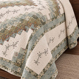 Sage Floral Patchwork Embroidered 100% Cotton Quilted 3-Piece Bedding Set