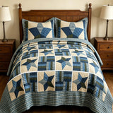 Navy Denim Blue Star Print Quilted 3‑Piece Bedding Set