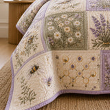Lavender Bee Quilted 3-Piece Bedding Set – Classic Americana Quilted Bedding With Matching Pillow Shams