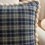 Navy Green Plaid Pom Pom Throw Pillow Cover