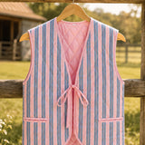 Pink Blue Stripe - Reversible Vintage Patchwork Quilted Vest Tie-Front Waistcoat