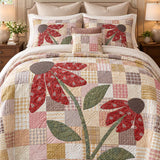 Red Coneflower Patchwork Quilted 3-Piece Bedding Set