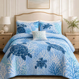 H.PAI Blue Sea Turtle Coral Reef Coastal Quilted 3-Piece Bedding Set
