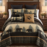 Black Bear Forest Plaid Quilted 3-Piece Bedding Set
