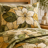 H.PAI Ivory Magnolia Quilted 3-Piece Bedding Set – Vintage Botanical Quilted Bedding With Matching Pillow Shams