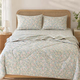 Botanical Floral 100% Cotton 4-Piece Summer Bedding Set – Breathable Cooling Comforter, Flat Sheet & 2 Pillowcases