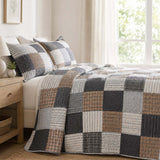 Grey Brown Plaid Patchwork Quilted 3‑Piece Bedding Set