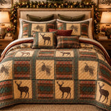 Rustic Christmas Deer & Plaid Quilted 3-Piece Bedding Set