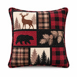 Burgundy Bear & Deer Plaid Woodland Quilted Pillow Cover