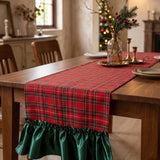 Christmas Red Plaid Linen Table Runner With Green Ruffle Edge