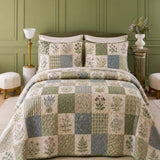 H.PAI Herbal Garden Patchwork Quilted 3-Piece Bedding Set – Vintage Cottage Quilted Bedding With Matching Pillow Shams