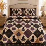 H.PAI Halloween Cat Pumpkin Quilted 3-Piece Bedding Set