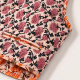 Pink Vine And Orange Flower - Reversible Vintage Patchwork Quilted Vest Tie-Front Waistcoat