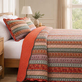 Rust Orange Bohemian Striped Patchwork Quilted 3‑Piece Bedding Set