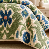 H.PAI Blue Green Ikat Floral Quilted 3-Piece Bedding Set