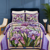 H.PAI Purple Iris Quilted 3-Piece Bedding Set – Vintage Stained Glass Garden Quilted Bedding With Matching Pillow Shams