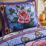 H.PAI Stained Glass Rose Quilted 3-Piece Bedding Set – Vintage Cottage Garden Quilted Bedding With Matching Pillow Shams