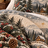 Winter Cottage Pine Forest Quilted 3-Piece Bedding Set
