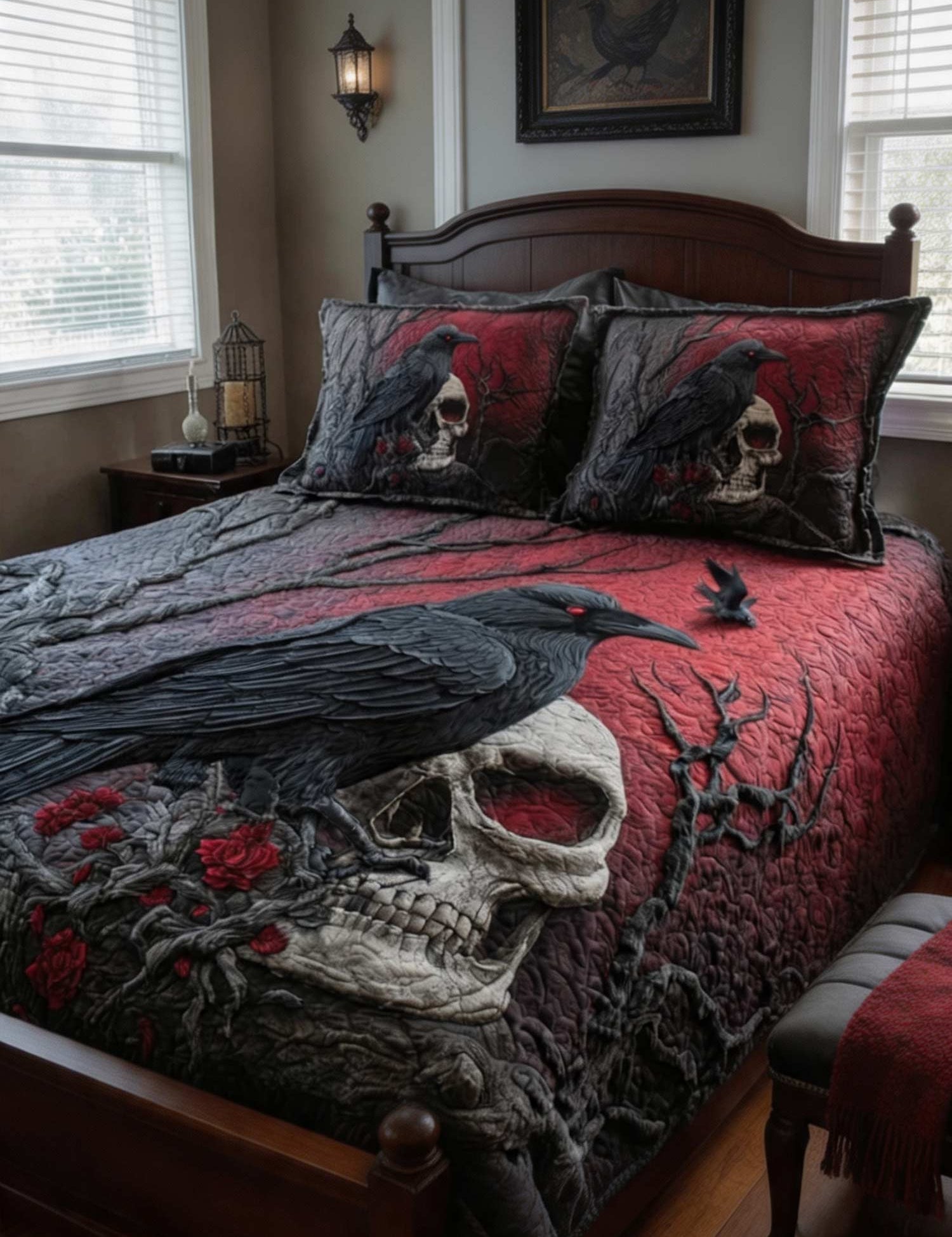 Crimson Raven 3‑Piece Quilted Bedding Set