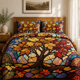 H.PAI Autumn Tree of Life Quilted 3-Piece Bedding Set – Stained Glass Harvest Quilted Bedding With Matching Pillow Shams