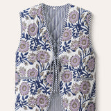 Pink Vine And Orange Flower - Reversible Vintage Patchwork Quilted Vest Tie-Front Waistcoat