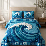 H.PAI Ocean Wave Quilted 3-Piece Bedding Set – Coastal Inspired Quilted Bedding With Matching Pillow Shams