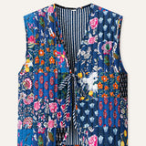Floral Mixed - Reversible Vintage Patchwork Quilted Vest Tie-Front Waistcoat