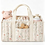 Quilted Floral Baby Diaper Caddy Organizer - Portable Nursery Storage Basket & Handheld Tote Bag for Baby Essentials