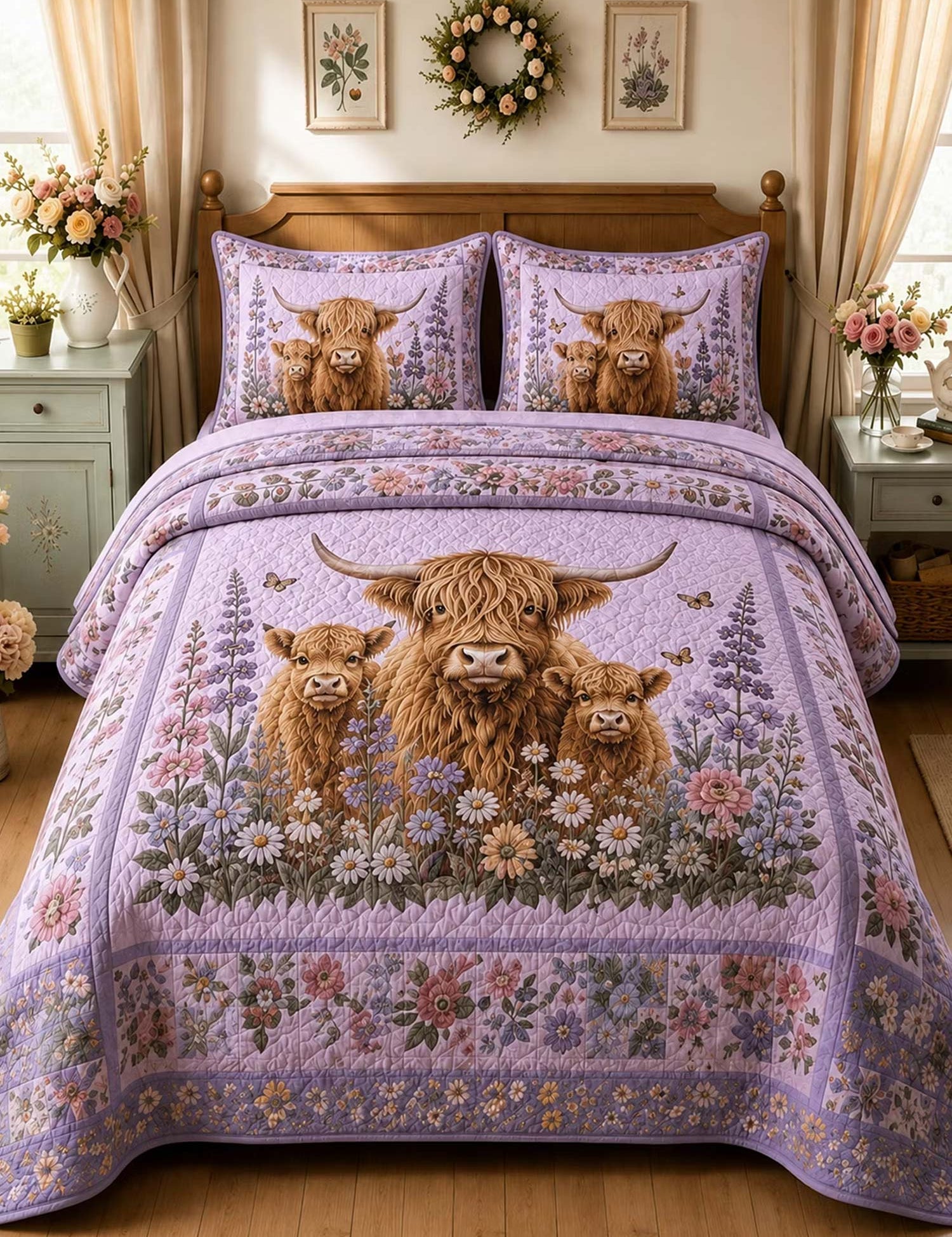 H.PAI Garden Highland Cow Gathering 3-Piece Quilted Bedding Set