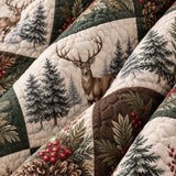 Christmas Deer & Pinecone Forest Quilted 3-Piece Bedding Set