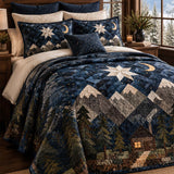 Night Mountain Cabin Star Moon Patchwork Quilted 3-Piece Bedding Set