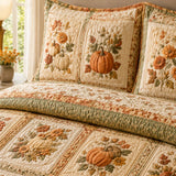 H.PAI Pumpkin Harvest Quilted 3-Piece Bedding Set – Vintage Farmhouse Quilted Bedding With Matching Pillow Shams