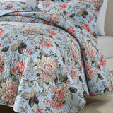 Light Blue Vintage Rose Floral Quilted 3‑Piece Bedding Set