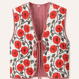 Red Poppy Floral - Reversible Vintage Patchwork Quilted Vest Tie-Front Waistcoat