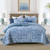 Coastal Boho Blue Portuguese Tile Print Quilted 3‑Piece Bedding Set