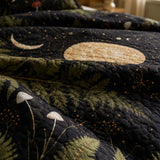 H.PAI Moonlit Mushroom Forest Quilted 3-Piece Bedding Set – Dark Botanical Quilted Bedding With Matching Pillow Shams