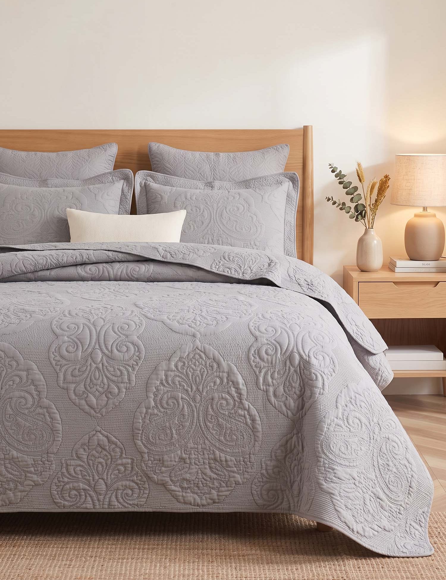 Damask Quilted 3-Piece Bedding Set