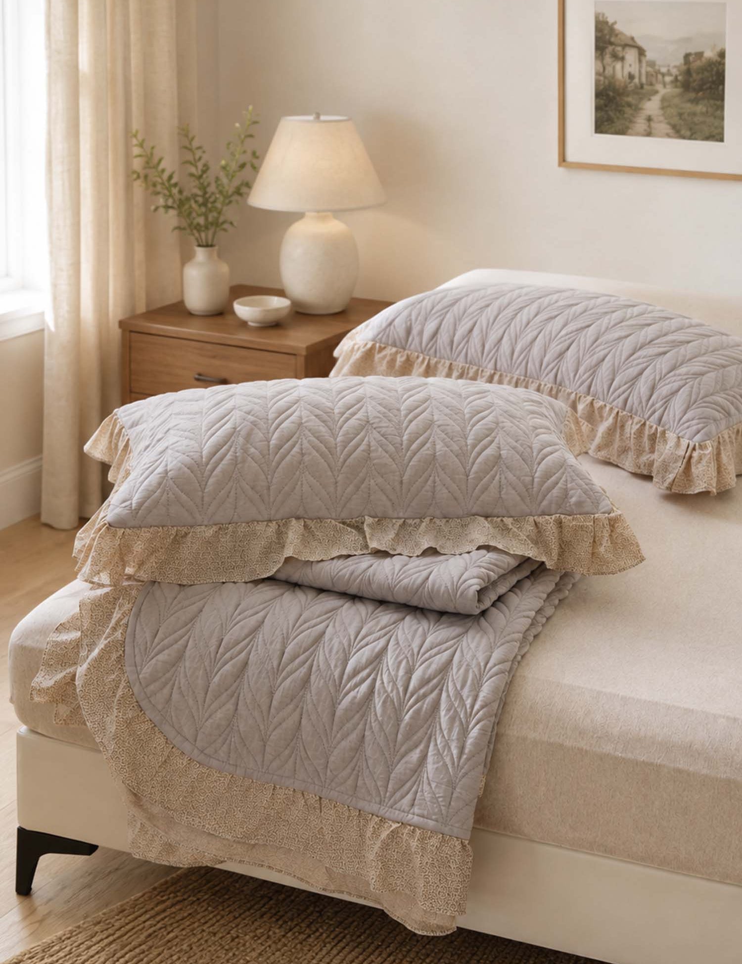 Sage Leaf Double-Layer Gauze Quilted 3-Piece Bedding Set