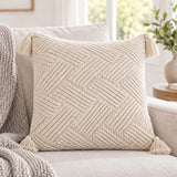 Cream Geometric Tassel Knitted Pillow Cover