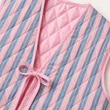 Pink Blue Stripe - Reversible Vintage Patchwork Quilted Vest Tie-Front Waistcoat