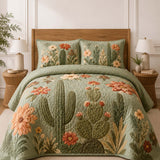 H.PAI Cactus Garden Floral Quilted 3-Piece Bedding Set – Vintage Desert Style Quilted Bedding with Matching Pillow Shams
