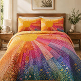 H.PAI Rainbow Sunburst Quilted 3-Piece Bedding Set – Bohemian Vintage Quilted Bedding With Matching Pillow Shams