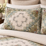 Sage Floral Patchwork Embroidered 100% Cotton Quilted 3-Piece Bedding Set