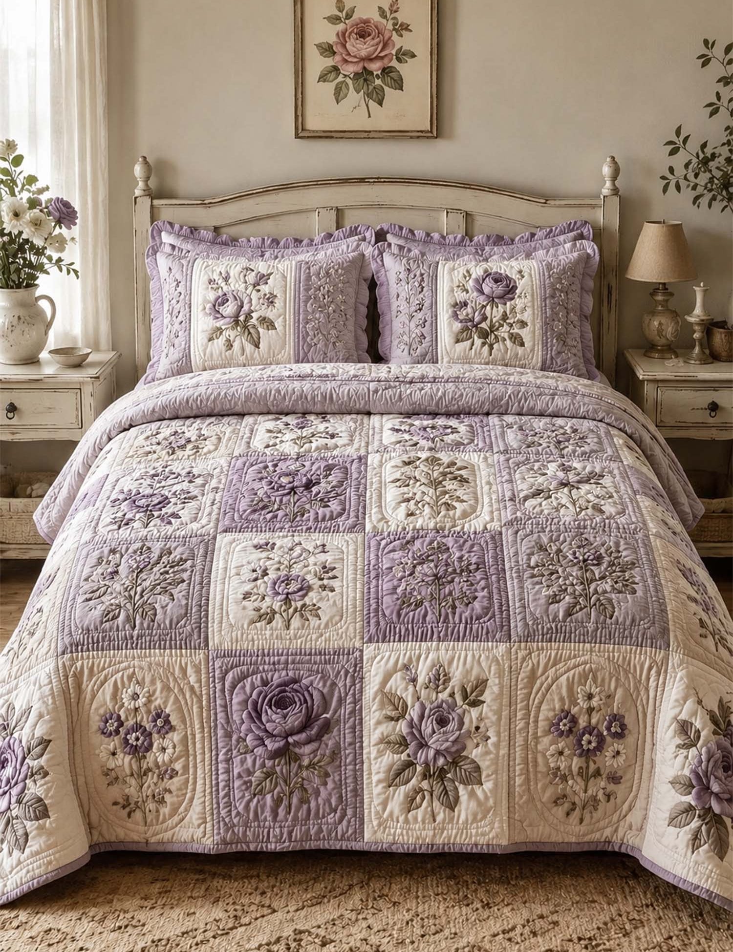 Vintage Rose Floral Quilted 3-Piece Bedding Set